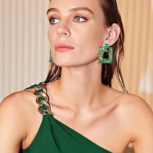 Yellow Gold with Emerald Green Crystal Geometric Square Post Back Drop Earrings